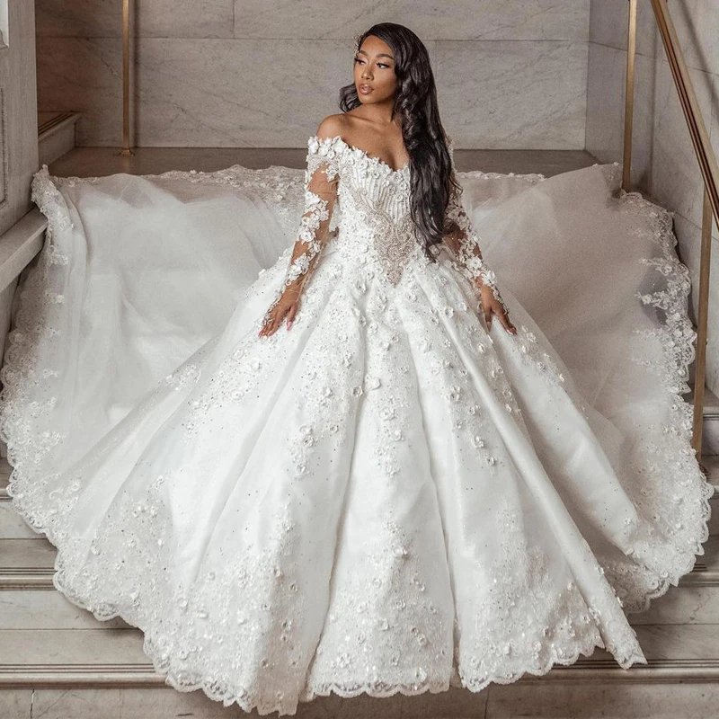

Vestidos De Novia 2022 Off the Shoulder Royal Wedding Dresses 3D Flower Ruched Bridal Gown Lace Appliques Church Murad Skirts