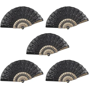 

5 Pcs Oriental Lace Floral Folding Hand Pocket Fans for Dancing Party Wedding Gifts DIY Decoration Home Decorations