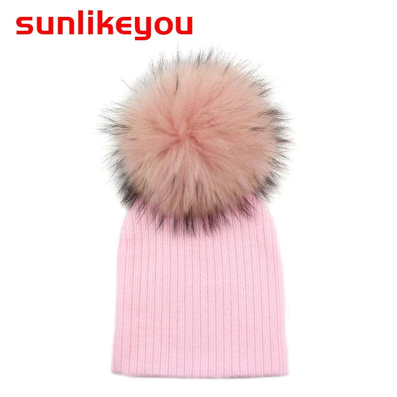 Online Sunlikeyou Newborn Knitted Hats Boys Girls Real Raccoon Fur Pom Pom Warm Baby Beanie Bonnet Soft Cap Kids Toddler Hat