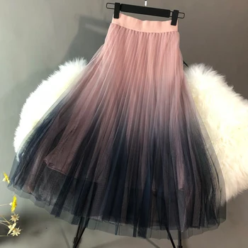 

New Spring Summer Elegant Russian Lady All-match Elastic Waist 3 Layers Gradient Mesh Skirt Vintage A-line Quality Skirts