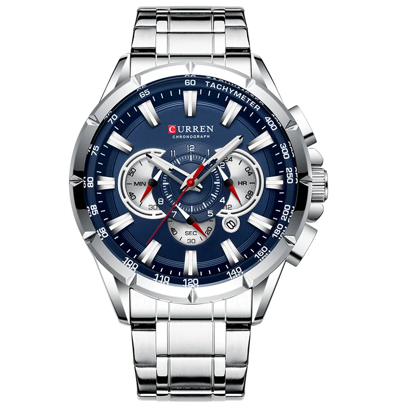 Silver Blue Curren 8363, мужские водонепроницаемые часы с хронографом, военные армейские мужские часы из нержавеющей стали, роскошные Брендовые мужские спортивные часы - Цвет: Silver Blue