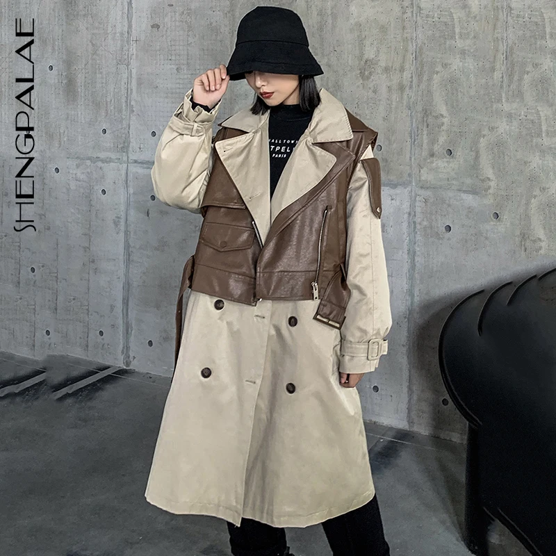 

SHENGPALAE 2020 New Fashion Autumn Winter Trench Coat Men Detachable Vest Double Breasted Loose Windbreaker Female Tide FV834