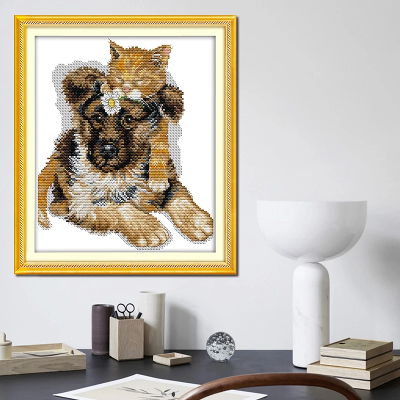 

Joy Sunday dog with sleeping cat DIY Cross Stitch Kit pattern Printed Chinese embroidery needlework suitable for home decoration