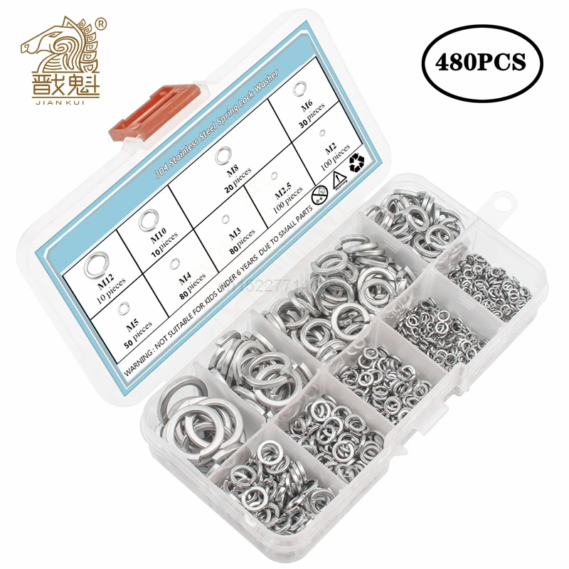 480pcs 304 Stainless Steel Spring Lock Washer Assortment Set , 9 Sizes