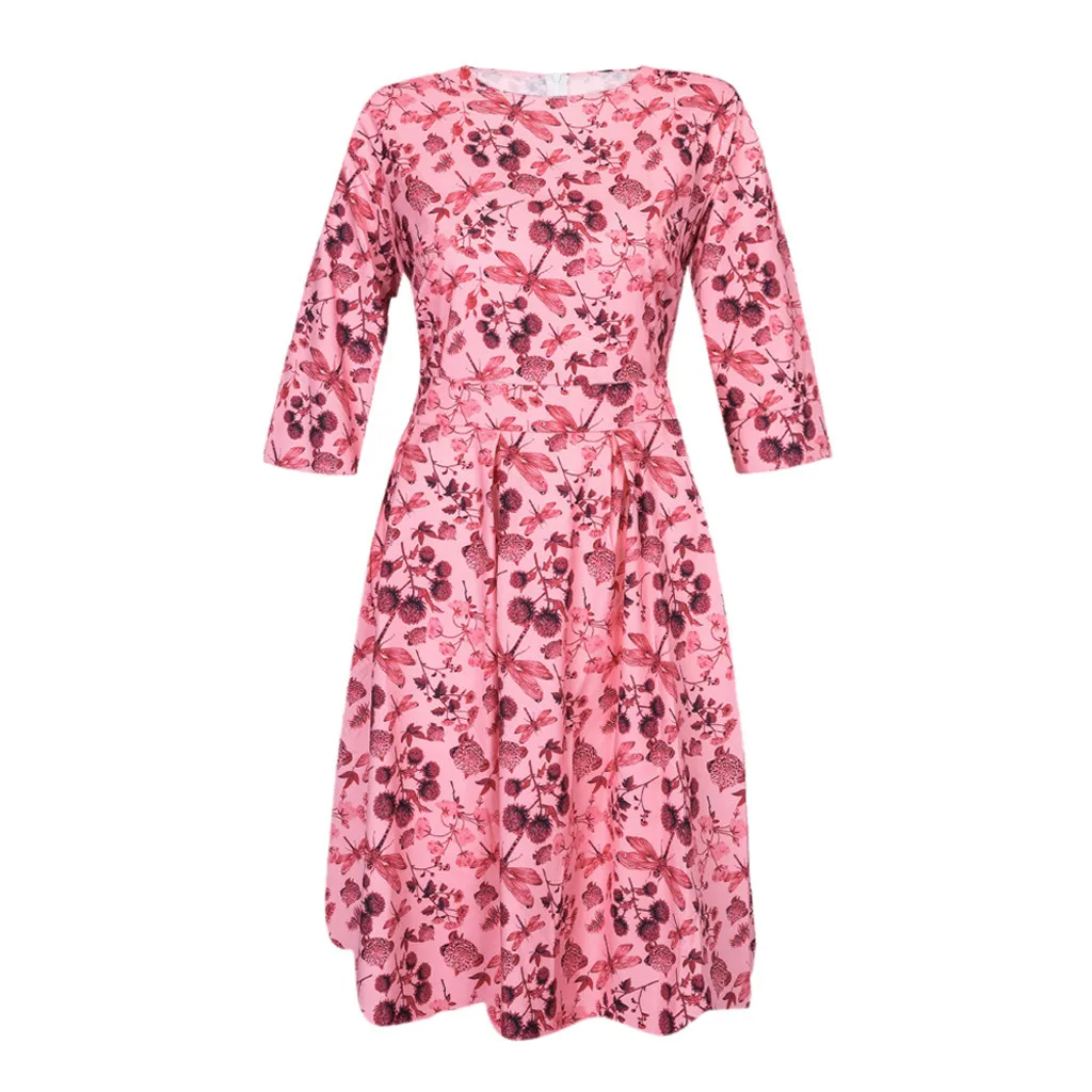 Sukienka, платье размера плюс, женское элегантное ТРАПЕЦИЕВИДНОЕ винтажное платье с принтом, вечерние платья, зимнее платье, Vestidos ropa mujer robe femme - Цвет: Pink