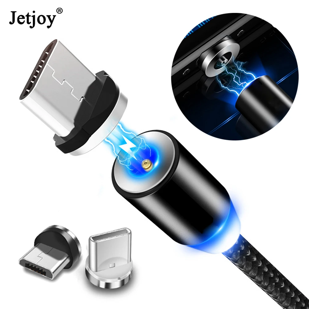 Jetjoy 360 ° Вращающийся Круглый Сильный магнитный светодиодный кабель Micro USB type C для быстрой зарядки нейлоновый Плетеный зарядный кабель для Android iPhone huawei