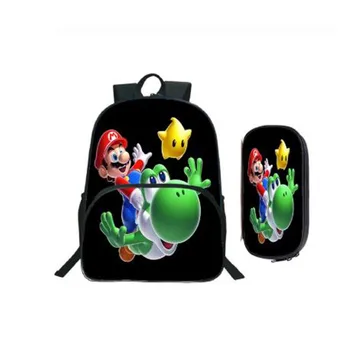 

Hot Sale High Quality Super Mario Backpack School Bags Fashion Colourful Pattern Mochila (2pcs Set/Backpack+pencil Case)