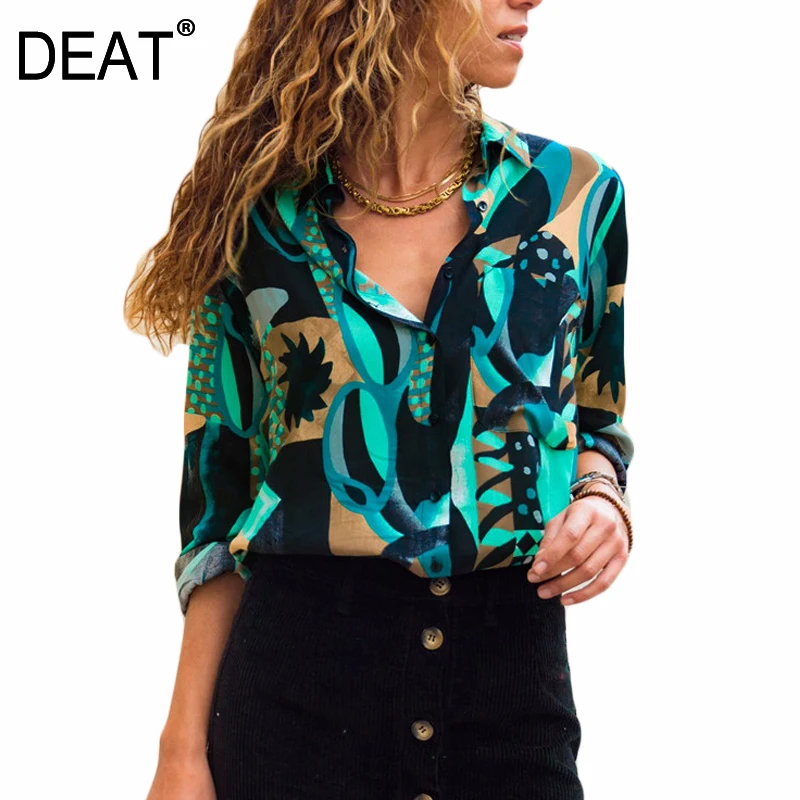 

DEAT Women Long Sleeve Chiffon Blouses 2019 Elegant Geometric Print Turn Down Collar Office Lady Shirt Loose Casual Tops NA783