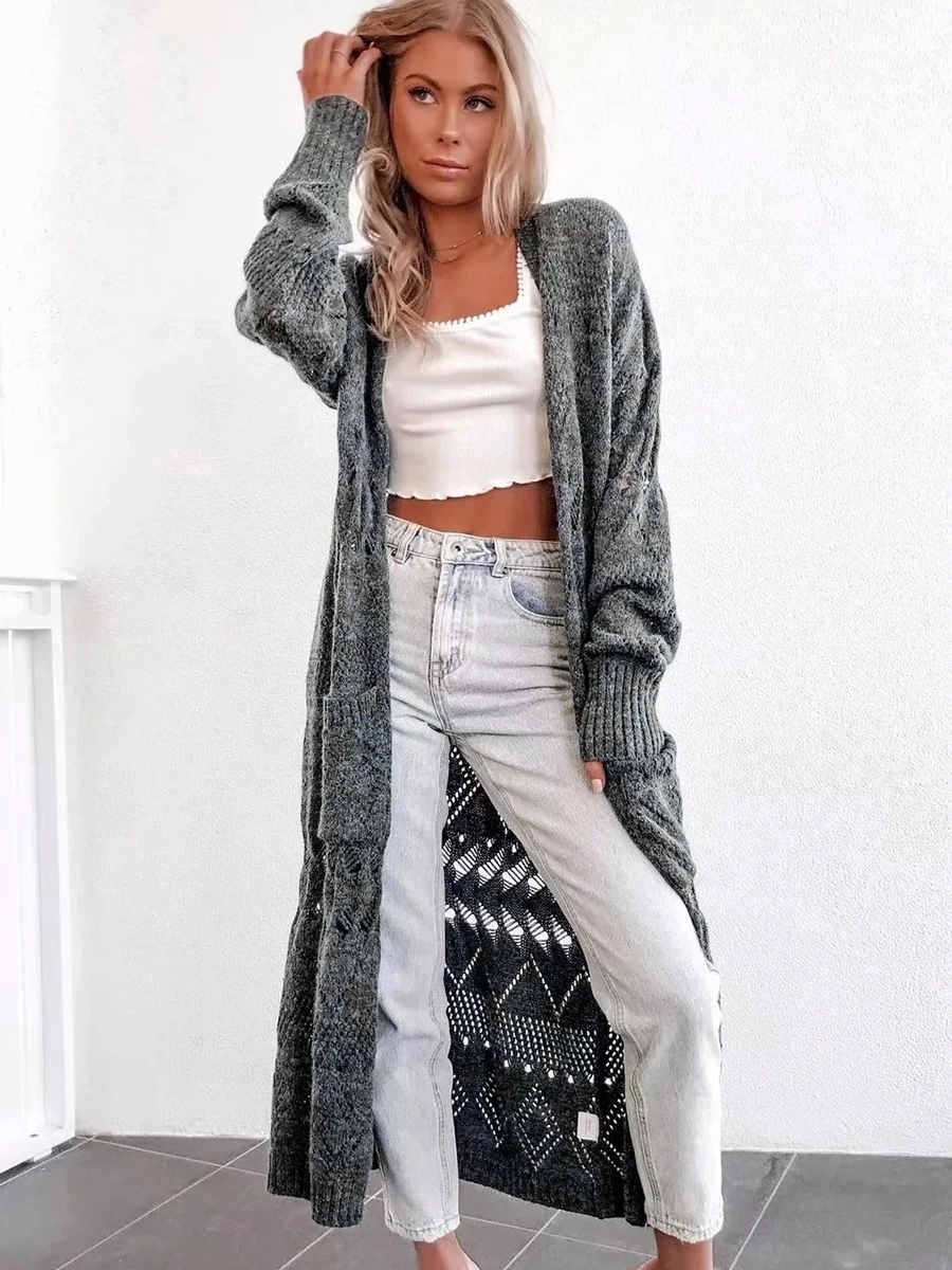 

2019 Spring Autumn Women Long Sweater Cardigans Loose Long Sleeve Pocket Sweater Jacket Female Knit Solid Overcoat Outerwear