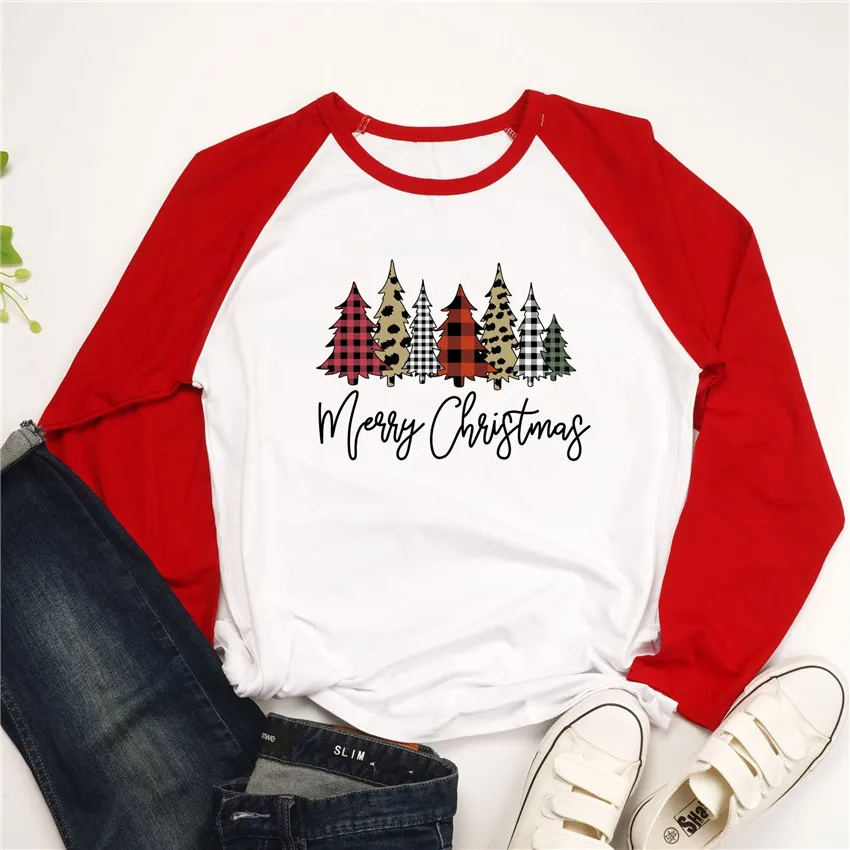 Рождественская футболка, женский топ с рождественской елкой, Женская Осенняя футболка с длинным рукавом, женские топы, футболка, Женская бейсбольная рубашка, Повседневная футболка