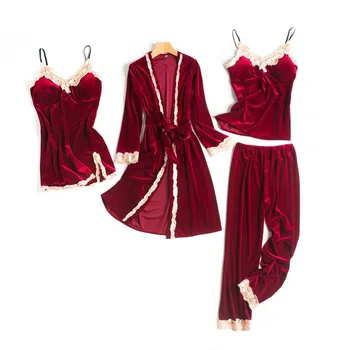 

Casual V-neck Pijamas Nightgown Red Lady Pajamas Suit Sleepwear Lounge Sexy Softy Long Sleeve Intimate Lingerie Nighty&Robe Set