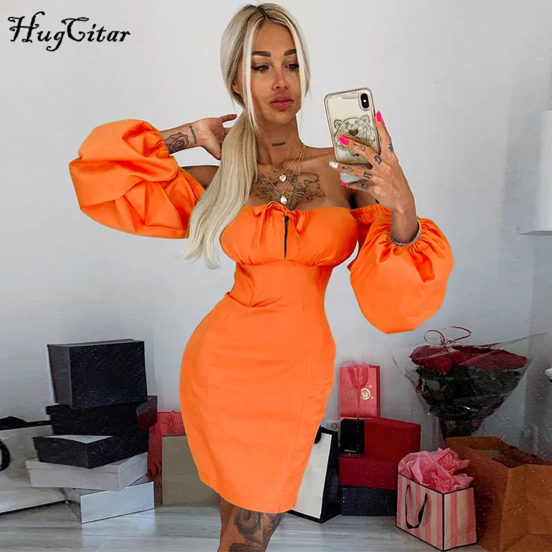 Hugcitar/, сексуальное мини-платье с длинным рукавом-фонариком и вырезом с открытыми плечами, осенне-зимние женские вечерние бандажные элегантные уличные платья - Цвет: Оранжевый