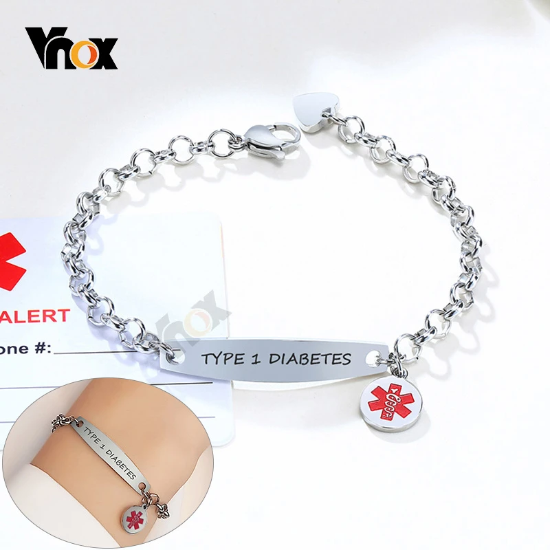 Vnox Free Custom Engrave Medical Alert ID Bracelets for Women Simple Stainless Steel