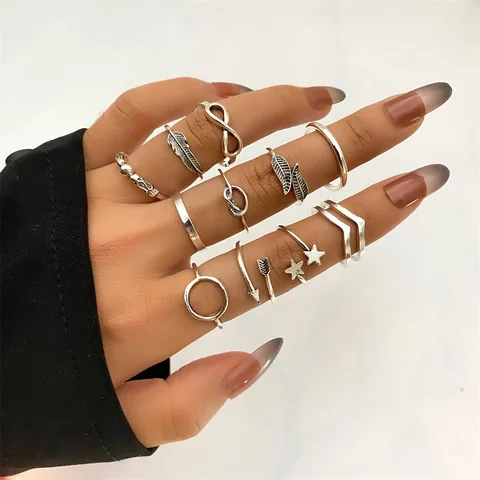 Vintage Fashion Gold Silver Color Geometric Round Leaves Finger Rings For Women Circle Knot Joint Rings 2021 Trend Jewelry