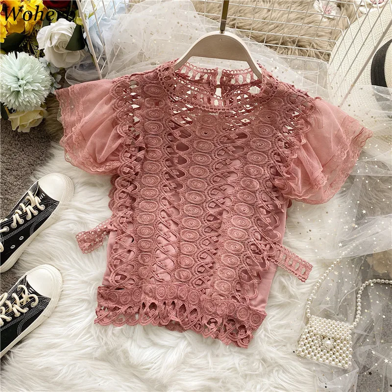 

Woherb Ruffle Embroidery Lace Top Boho White Pink Solid Sleeveless Stand Collar Blusas Elegant Hollow Out Women Tops and Blouses