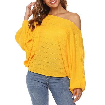 

2019 Autumn off Shoulder Sweater Sexy Loose Slash Neck Pullovers Women Long-sleeved Sweater