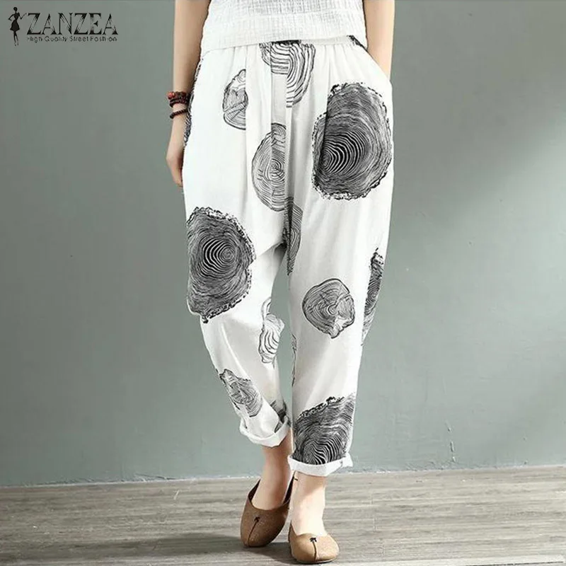 Винтажные Pantalon с принтом, женские повседневные брюки, ZANZEA,, женские штаны с эластичной резинкой на талии, женские свободные штаны-шаровары, 5XL