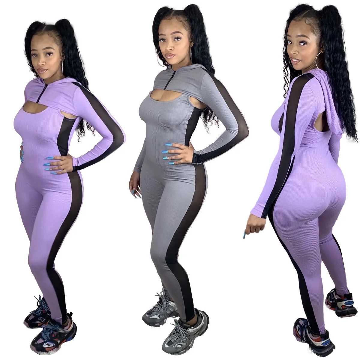 

2020 Autumn Women Ribbed Two Piece Set Color Patchwork Zipper Long Sleeve Hooded Crop Top Skinny Tank Jumpsuit Tracksuit