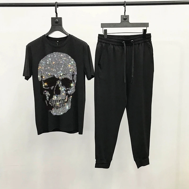 Summer Skull Shiny Men's Sets Pure Cotton Fabric Comfortable Streetwear T-Shirt Couple Sweatshirt + Pants Casual Track Suit