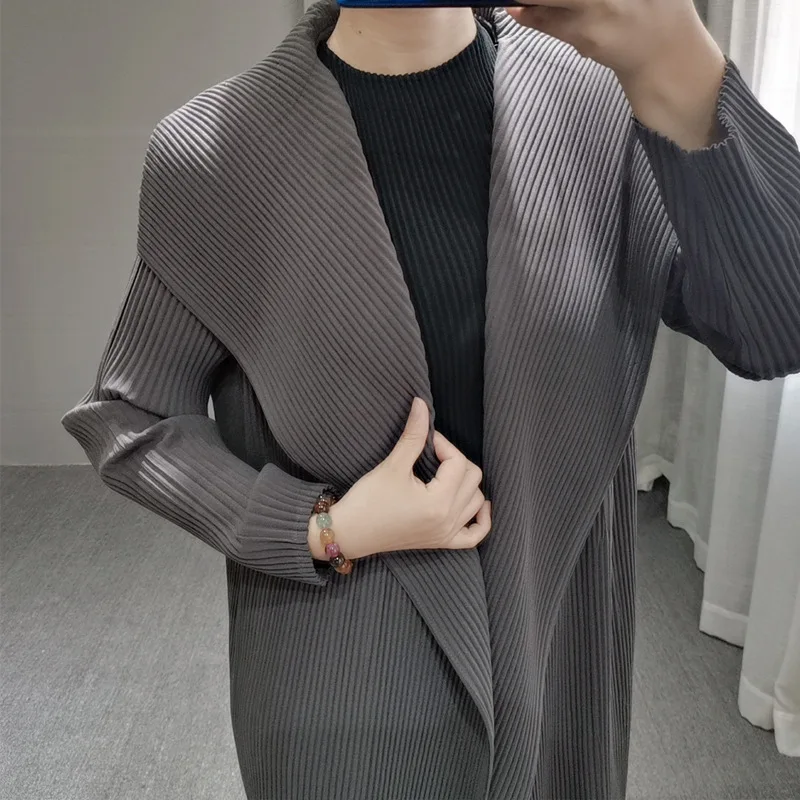 Осень MIYAKE fold утолщенные лацканы с длинным рукавом выше колена средней длины пальто для женщин