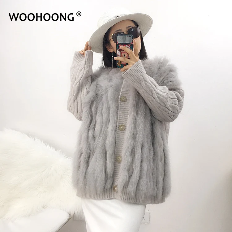 

Пальто из натурального Лисьего меха, вязаный свитер в полоску, женское теплое вязаное пальто, осеннее пальто, натуральный мех, шерсть, свитер