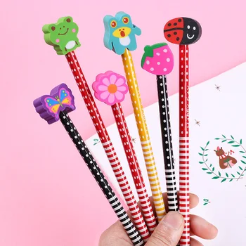 

Wooden Lead Pencil with Eraser Stationery Cute Cartoon Animal Student Environmental Protection Children School Supplies 6 PCS