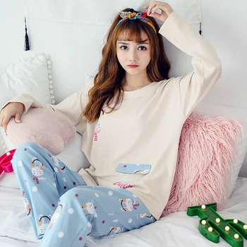 

100% Cotton Pajamas Sets For Women 2020 Autumn Winter Long Sleeve Pyjama Girls Cute Cartoon Rabbit Homewear Lounge Home Clothing