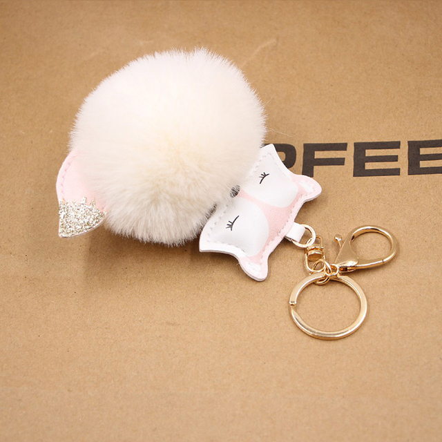 Ball Keychain Charm Key Ring Cute Leather Fox Keyring Plush Fluffy Pompom Faux Rabbit Fur Ball Bag Car Key Charms Accessory