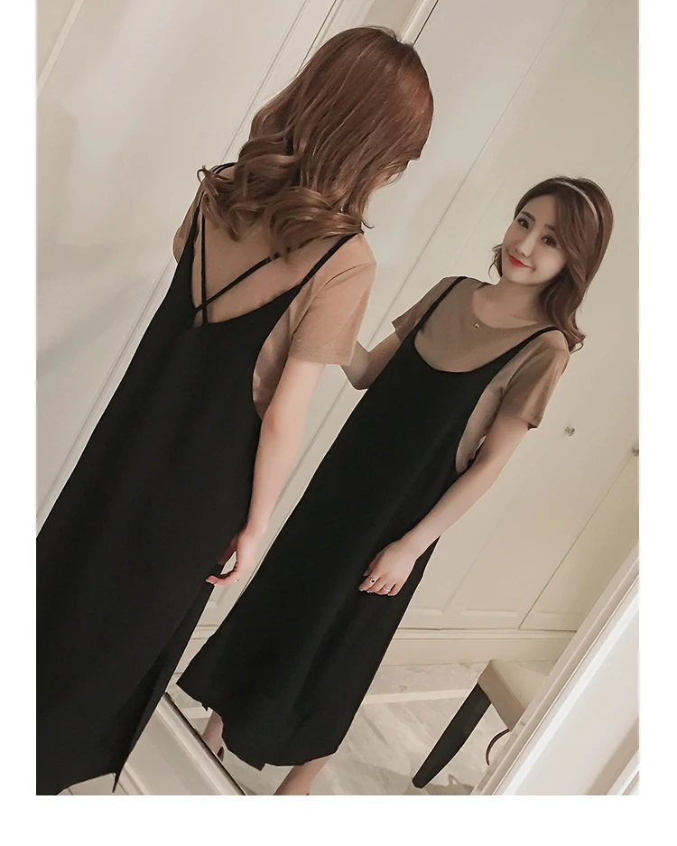 1927# 2PCS/Set Summer Korean Fashion Maternity Long Dress Sexy Sweet Side Splits Sling Dress for Pregnant Women Pregnancy Shirt