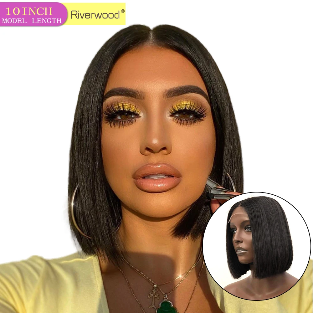 Bob Wig Human-Hair-Wig Lace-Front Pre-Plucked Short Remy Straight Black-Women Brazilian