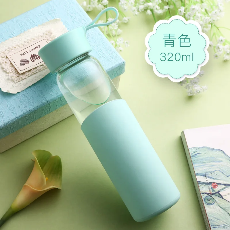 Glass Water Bottle Candy Color Silicone Anti scald Creative Tumbler Portable Sports Glass Bottle My Water Bottles 420ml 320ml