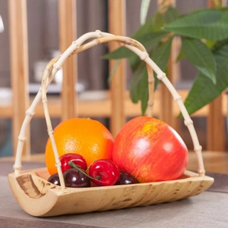 Fruit Plate Bamboo Root Handle Creative Bamboo Root Boat Fruit Basket Compression Bending Fruit and Vegetable Basket Snack Sto