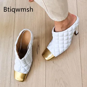 

2020 Diamond Kid Leather Slippers Women Metal Square Toe Black White Strange High Heel Shoes Woman Fashion Party Shoes
