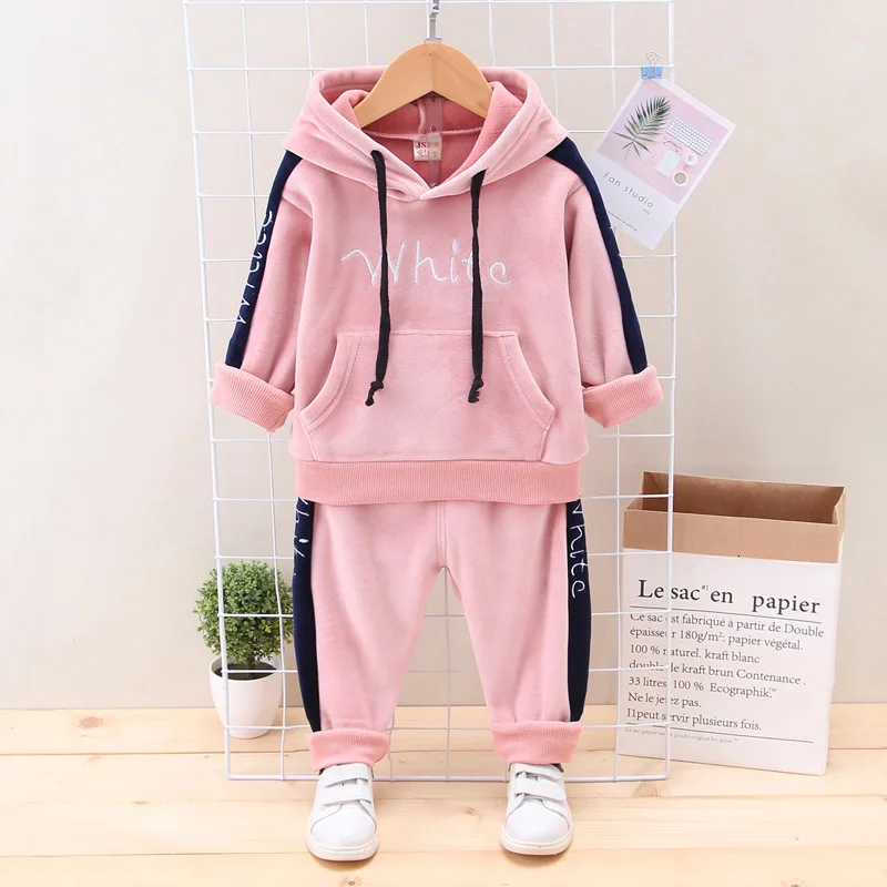 Beste 2019 Herfst Winter Sport Kinderen Kleding Suits Kids Dikke Fluwelen Hooded Broek 2 stks sets Jongens Meisjes Trainingspak Baby Sweatsuit