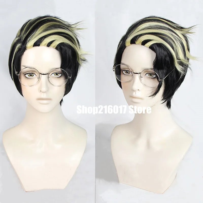 Anime Tokyo Revengers Hanma Shuji Cosplay Wig Golden Black Heat Resistant Synthetic Hair Tattoo Sticker With Glasses + Wig Cap french maid outfit