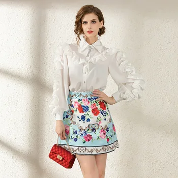 

Two Piece Set 2020 Spring Women Elegant Ruffles White Shirt Top + Floral Print A-Line Mini Skirt Set Runway Outfits Diamond A386