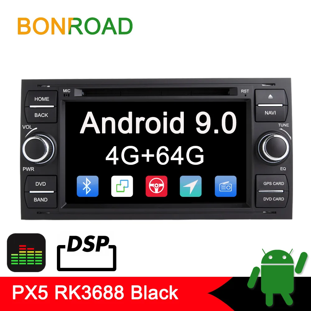 Bonroad " 2 din Android 9,0 для Focus/Fusion/Galaxy/S-Max/C-Max/transit Автомобильный мультимедийный плеер стерео радио gps навигация - Цвет: PX5 Black With DSP