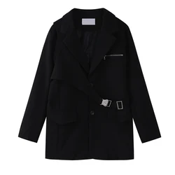 Terno preto feminino jaqueta zíper design sentido ins retro casual solto neutro único breasted estilo gótico ternos destacável colete