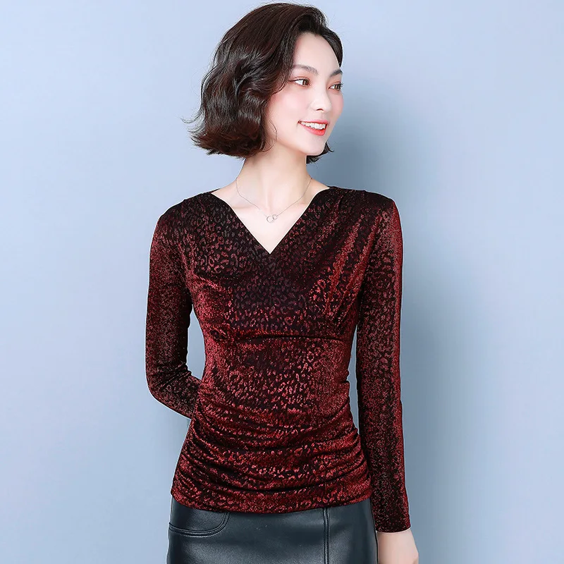 

2019 Autumn Sweater Women's Top Grade Western Style 40-Year-Old Mom Long Sleeve Waist Hugging V-neck Shirt Slimming Gauze Base S