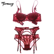 Размера плюс Для женщин сексуальный комплект нижнего белья с вышивкой половина чашки бюстгальтера тонкий соблазн серый и зеленый Push Up комплект черный, белый цвет бюстгальтер и трусики с подвязками