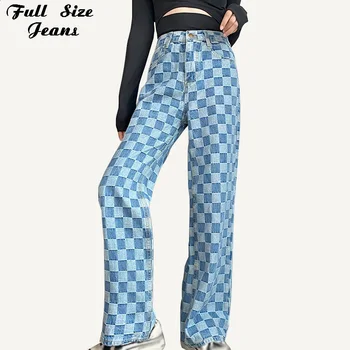 

Harajuku Plus Size Plaid Pattern Denim Pants 5XL 4XL Streetwear BF Women Loose Long Wide Leg Jeans Mom Cargo Pant Vaqueros Mujer