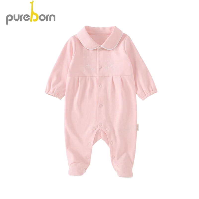 Pureborn Newborn Unisex Baby Footies Little Star Embroidery Baby Girl Clothes Footed Pajamas for Infant Boy Sleep and Play - Цвет: pink