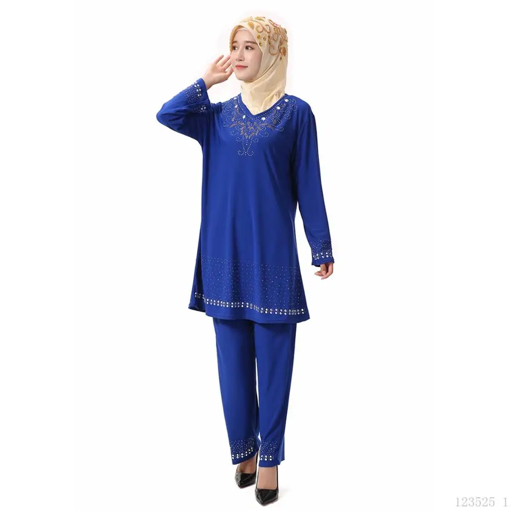 blue Модные исламские хлопковые костюмы с алмазными бусинами, женские комплекты, Арабская мода, высокое качество, мусульманское платье+ штаны, комплекты wj2468 - Цвет: blue