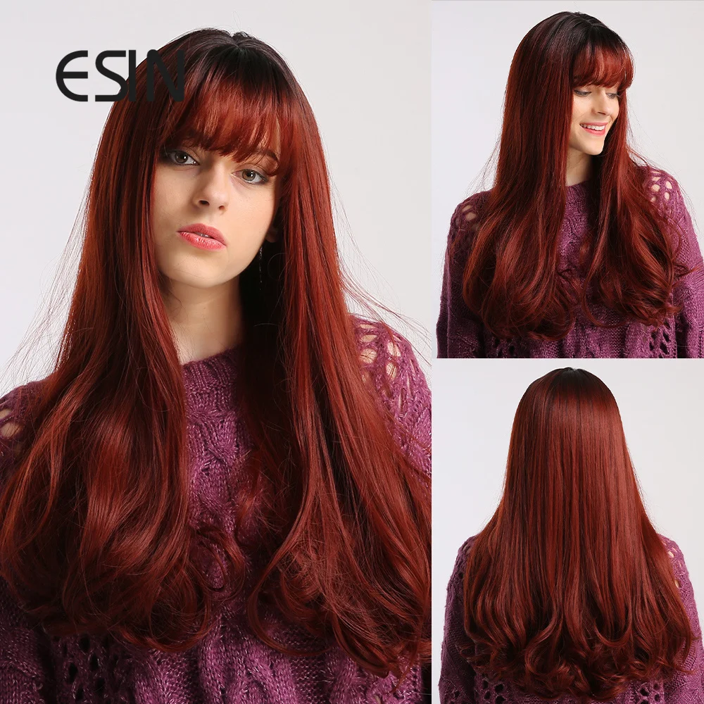 ESIN Wine Red Long Natural Wave Wig with Air Bangs Daily Straight Synthetic Wigs for Women Heat Resistant Hair | Шиньоны и парики