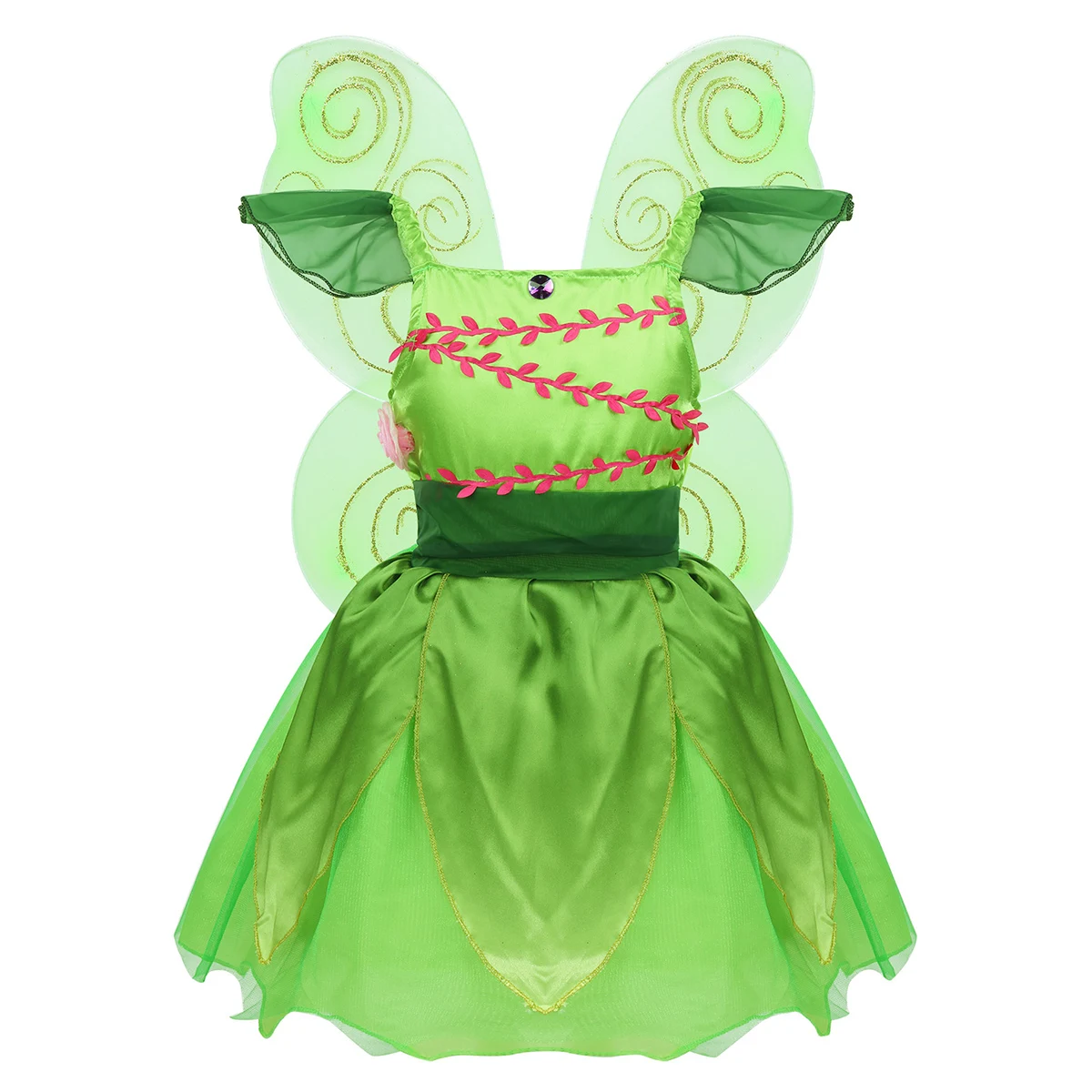 Сказочный костюм для девочек платье из сетчатой ткани с объемными цветами и рукавами-крылышками, со стразами, со съемными блестящими крыльями, костюм для Хеллоуина, косплей - Цвет: Green