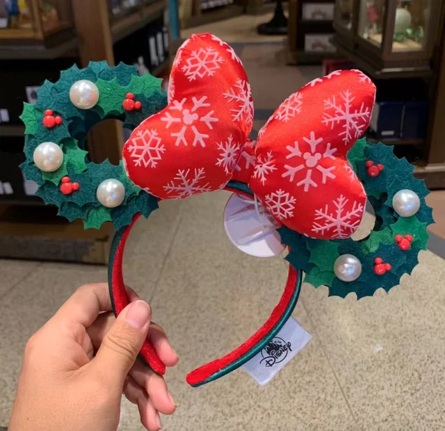 2021 New Disney Headband Christmas For Women Shanghai Disneyland Minnie Ears Bow Donut wreath Christmas Gift For Girls New Year 5