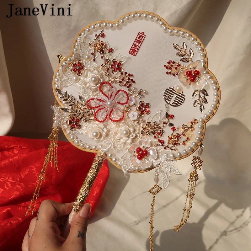 JaneVini New Luxury Gold Bridal Bouquets Fan Artificial Lace Flowers Beaded Tassels Pearls Chinese Metal Fan Wedding Accessories