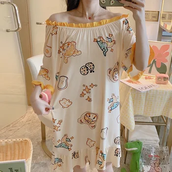 

2020 Summer Cartoon Off-The-Shoulder Crew Neck Double Purpose Short Sleeve Nightgown Tracksuit Lace Princess Style Fresh Student
