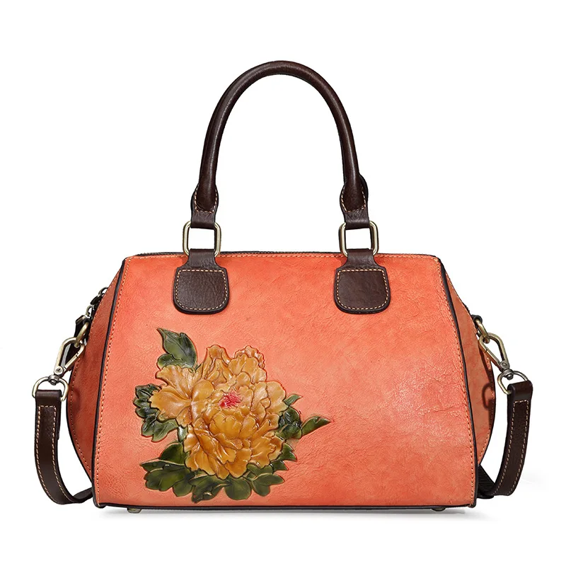Retro red GO-LUCK Brand Fashion Genuine Leather Women Crossbody Shoulder Bag Women's Cowhide Messenger Bags Top-handle Tote Handbag - Color: Retro red