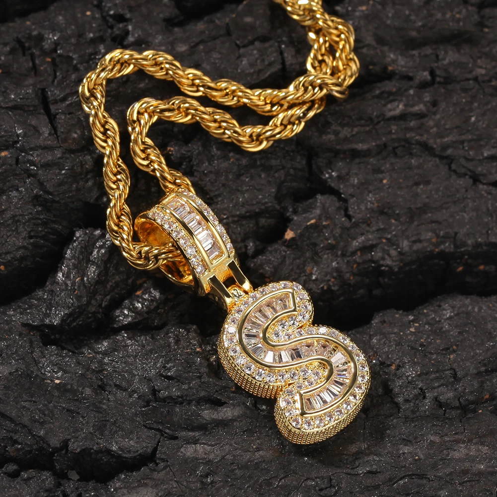 Bling CZ Custom Small Bubble Initial Letter with Rope Chain Copper A-Z Initial Pendant Gold Silver Color Charm Pendant Necklace